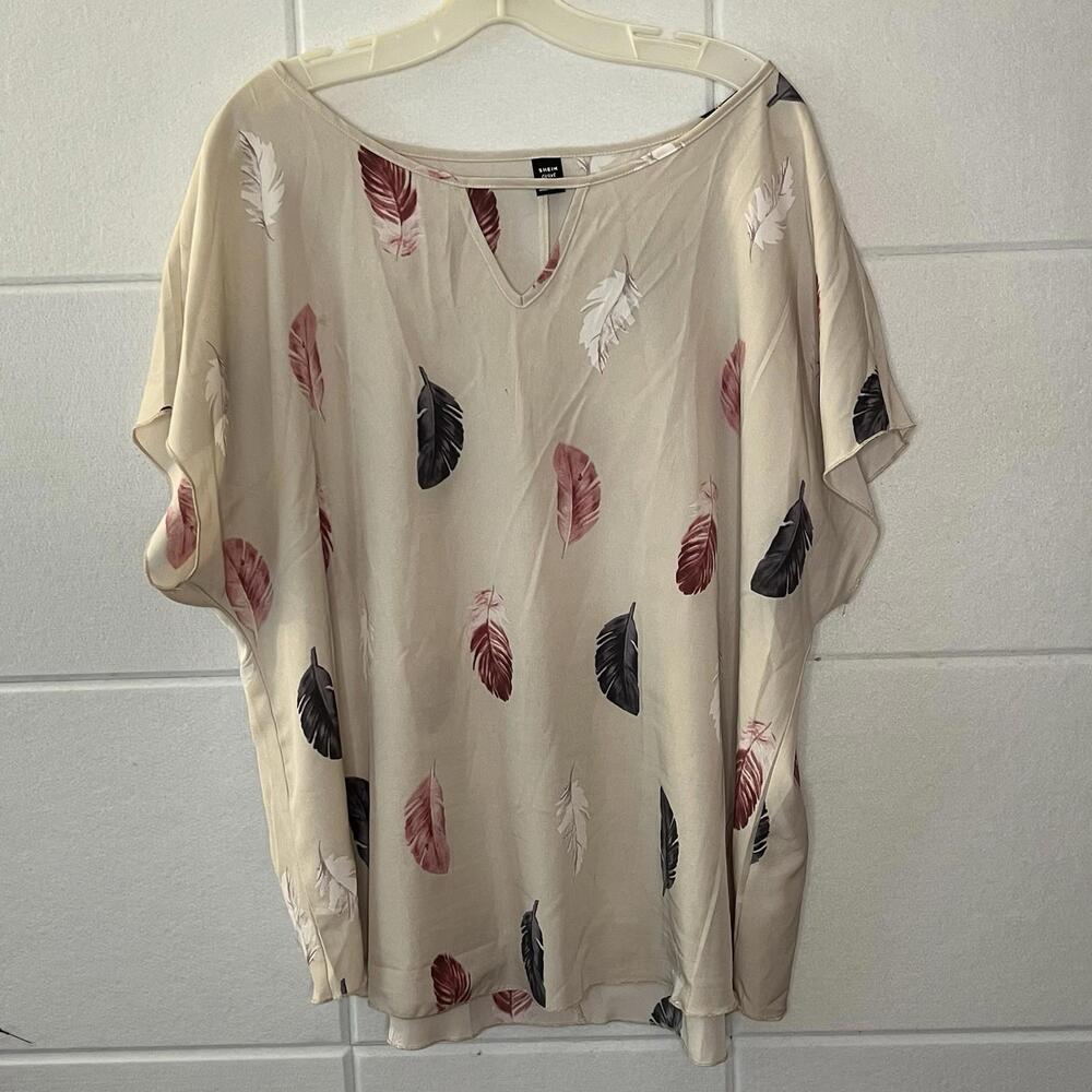SHEIN Curve Womens Blouse Plus 3X Beige Multicolored Print Cap Sleeves